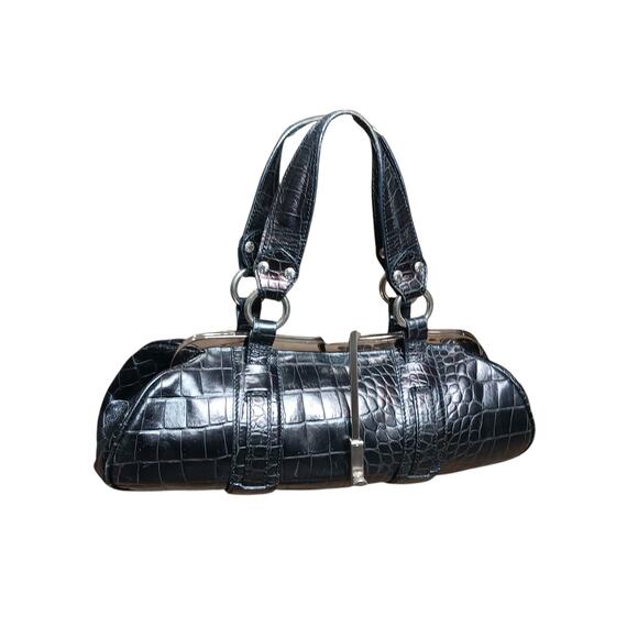 Etro Satchel Bag Black Embossed Leather Top Handle Doctor Frame Handbag Italy - Picture 4 of 15